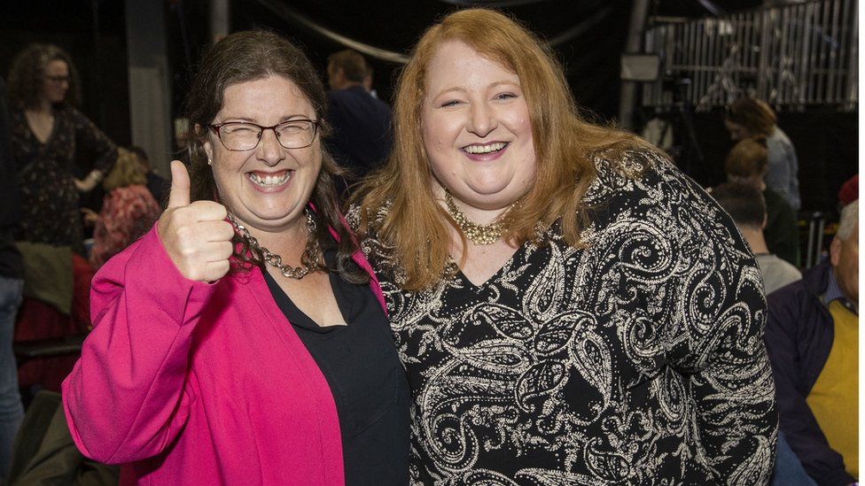 Kellie Armstrong celebrating with Alliance Party leader Naomi Long after she was the first MLA elected in Northern Ireland's historic election