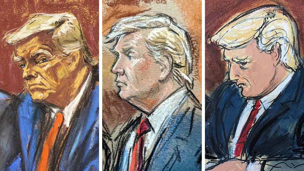 Donald Trump in court (three sketches)