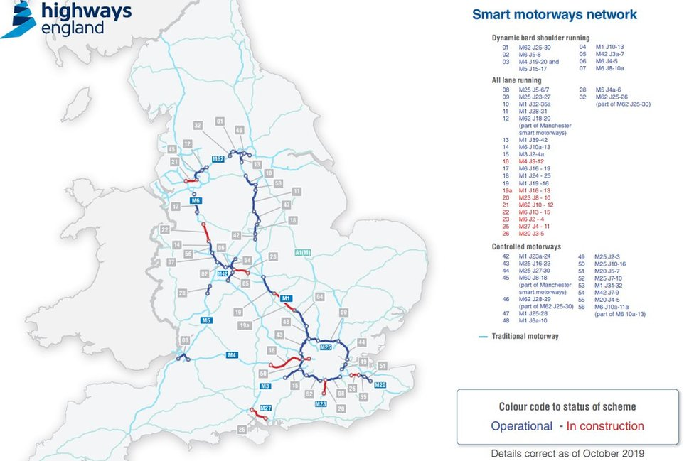 Map of smart motorways in England