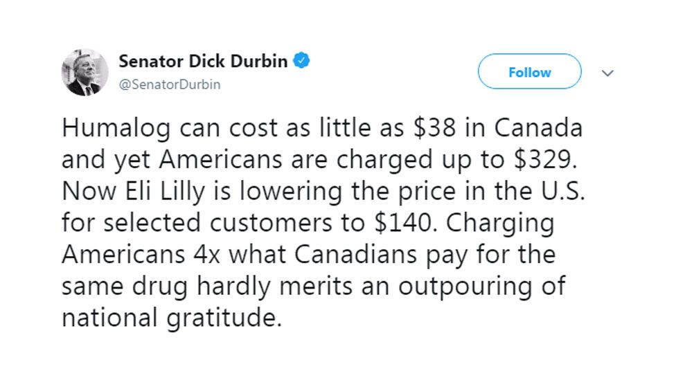 Senator Dick Durbin tweet about Humalog costing 4 times more in US