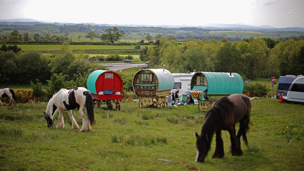 Traditional romany caravans camp on Fair Hill during the Appleby Horse Fair on June 4, 2015