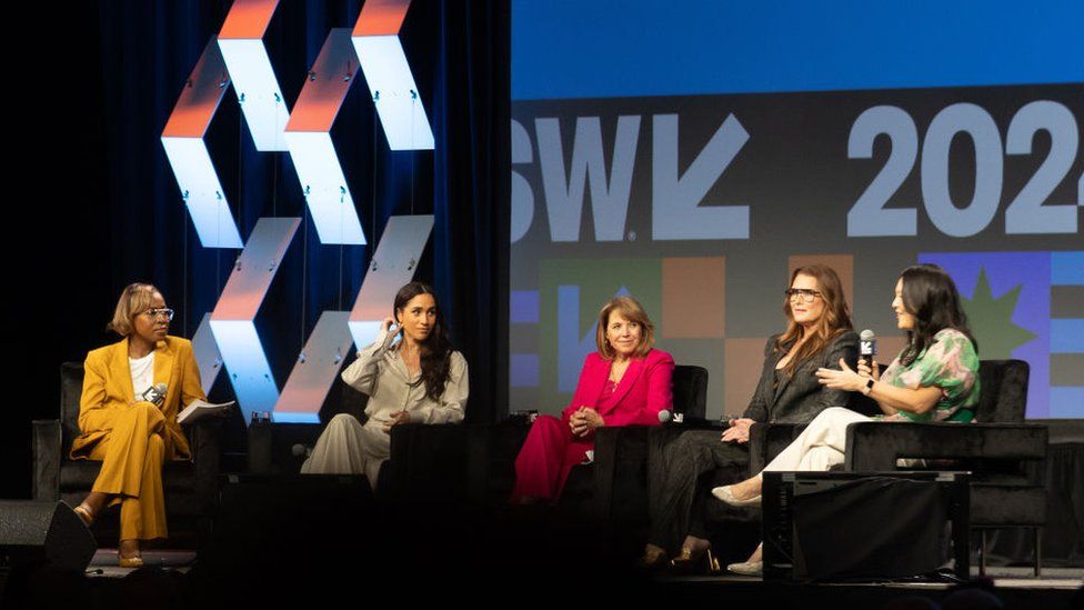 Errin Haines, Meghan, Duchess of Sussex, Katie Couric, Brooke Shields and Nancy Wang Yuen speak onstage during the Breaking Barriers, Shaping Narratives: How Women Lead On and Off the Screen panel during the 2024 SXSW Conference and Festival at Austin Convention Center on March 08, 2024 in Austin, Texas. (Photo by Astrida Valigorsky/Getty Images)