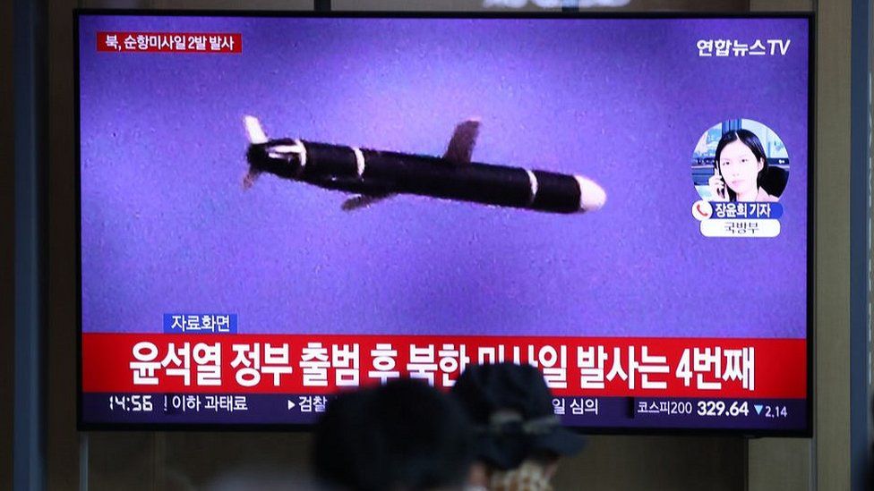 A previous North Korean missile launch seen on TV screen in Seoul on 17 Aug 22