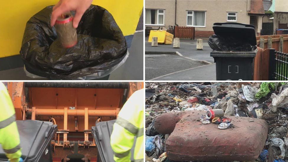 Four stages of a can being transferred to landfill