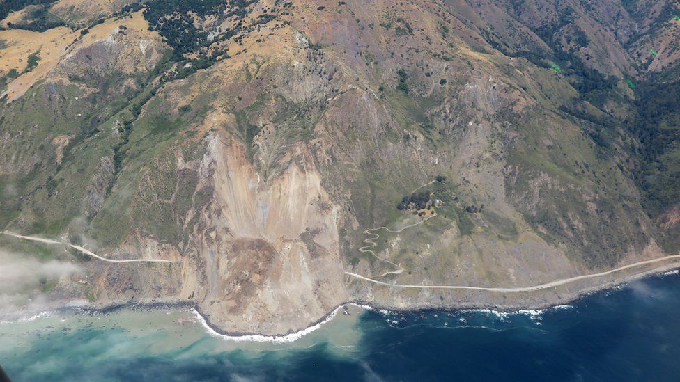 California Highway 1 covered by a landslide