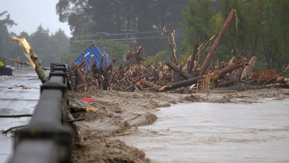 Redcliffe Bridge is closed off as debris piles up along the Tutaekuri River in the suburb of Taradale on February 14, 2023 in Napier, New Zealand