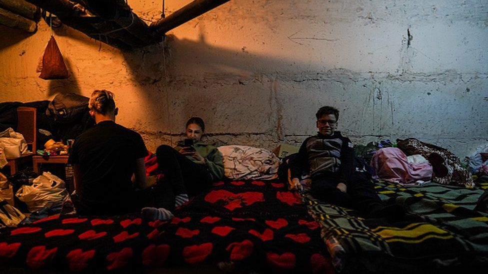 Civilians seen in a bomb shelter throughout ongoing Russian attacks on Ukraine in Kyiv, Ukraine on 6 March 2022