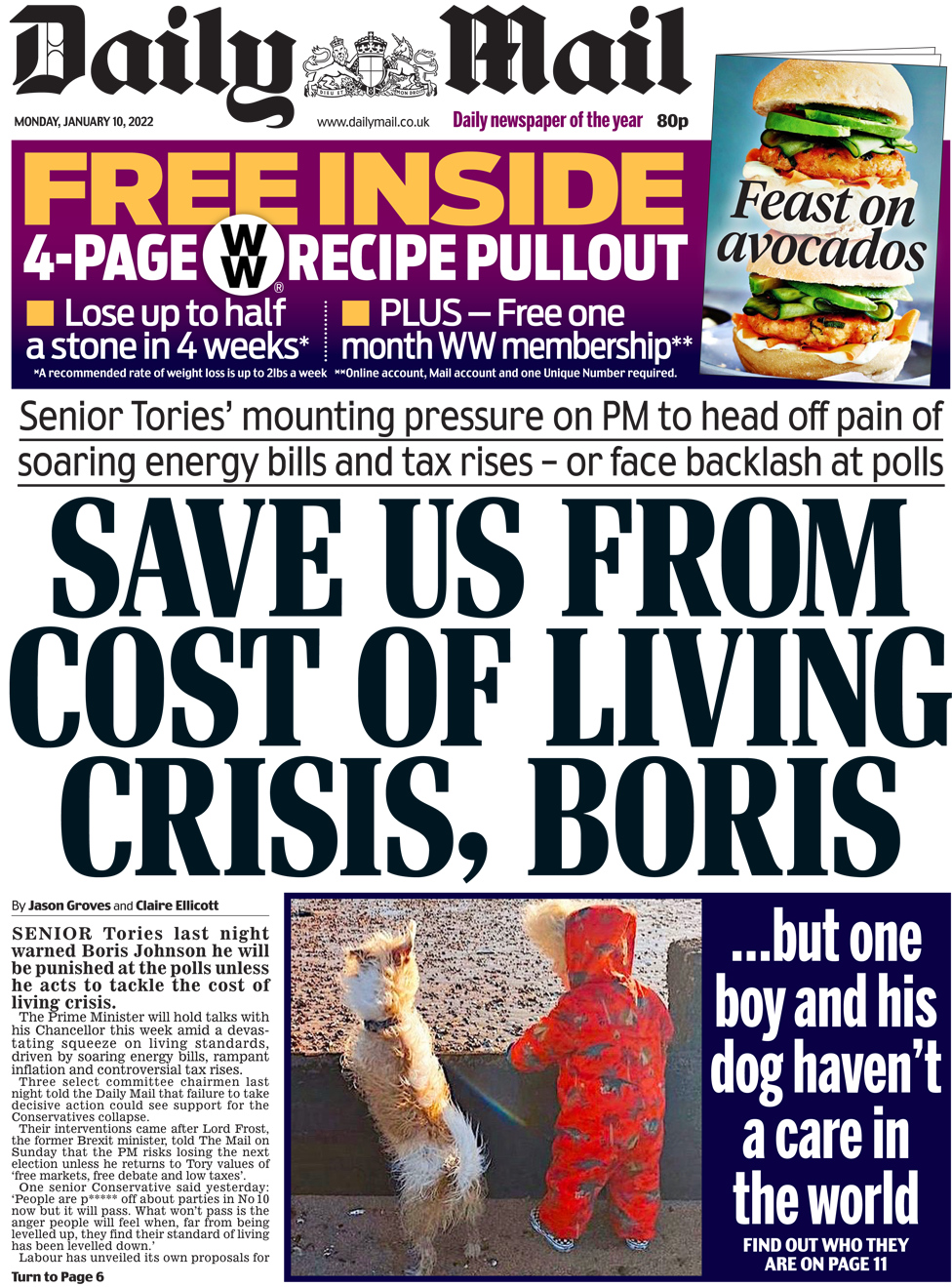 The Daily Mail front page 10 January 2022