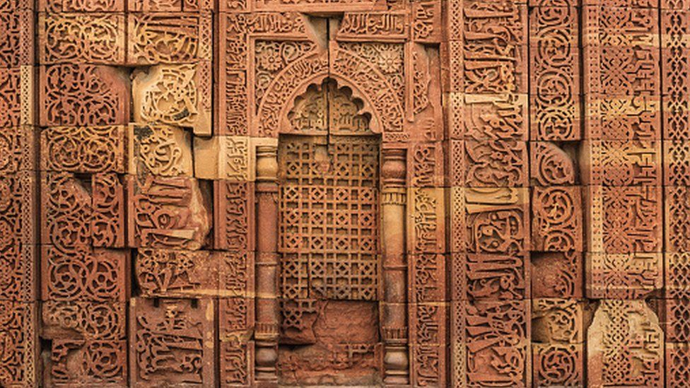 Ornate Walls Of Qutub Minar Complex, Delhi, India - stock photo