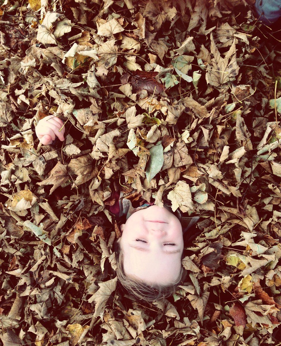Young boy lying in pile of leaves