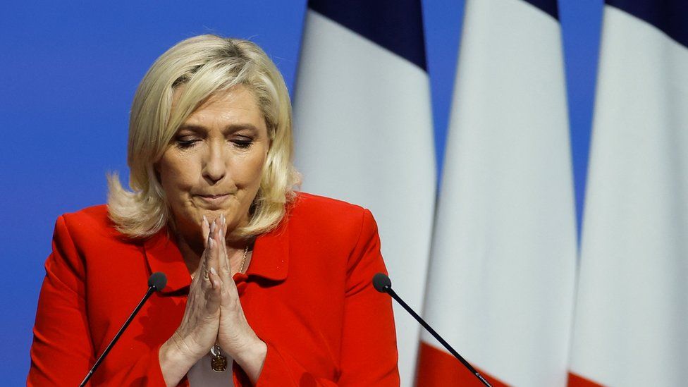 Marine Le Pen, French far-right National Rally (Rassemblement National) party candidate for the 2022 French presidential election, gestures during a campaign meeting in Avignon, France, April 14, 2022.