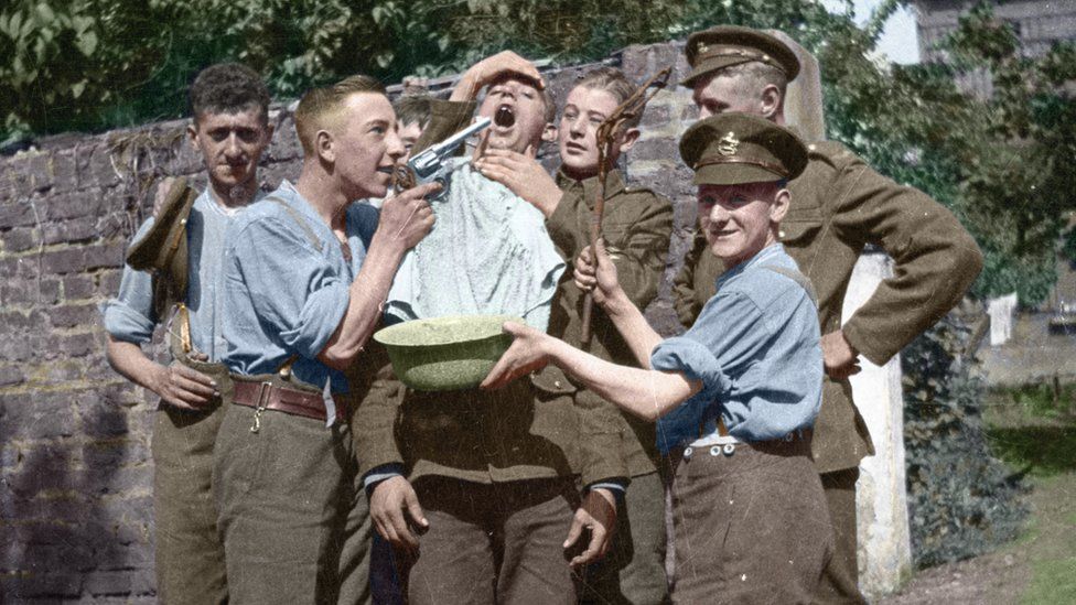 Soldiers from King's Regiment (Liverpool) "mucking around" in Oberkassel in 1919