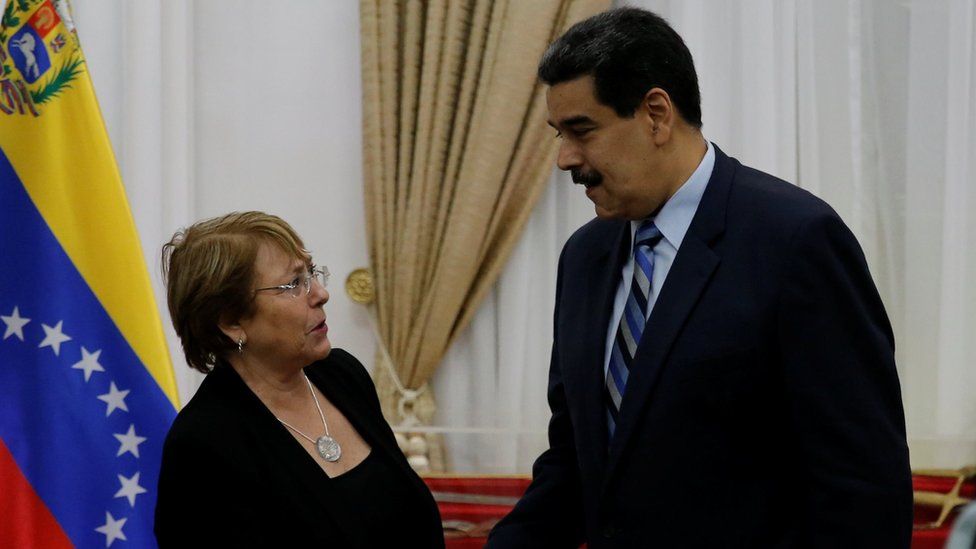 UN High Commissioner for Human Rights Michelle Bachelet and Venezuela's President Nicolas Maduro meet in Caracas