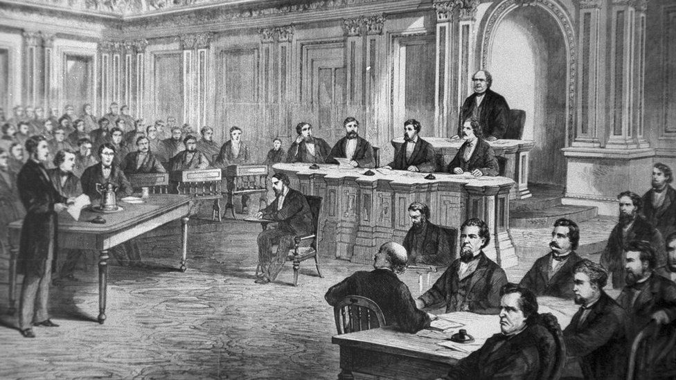 An engraving showing the impeachment trial of President Andrew Johnson in the Senate March 13, 1868