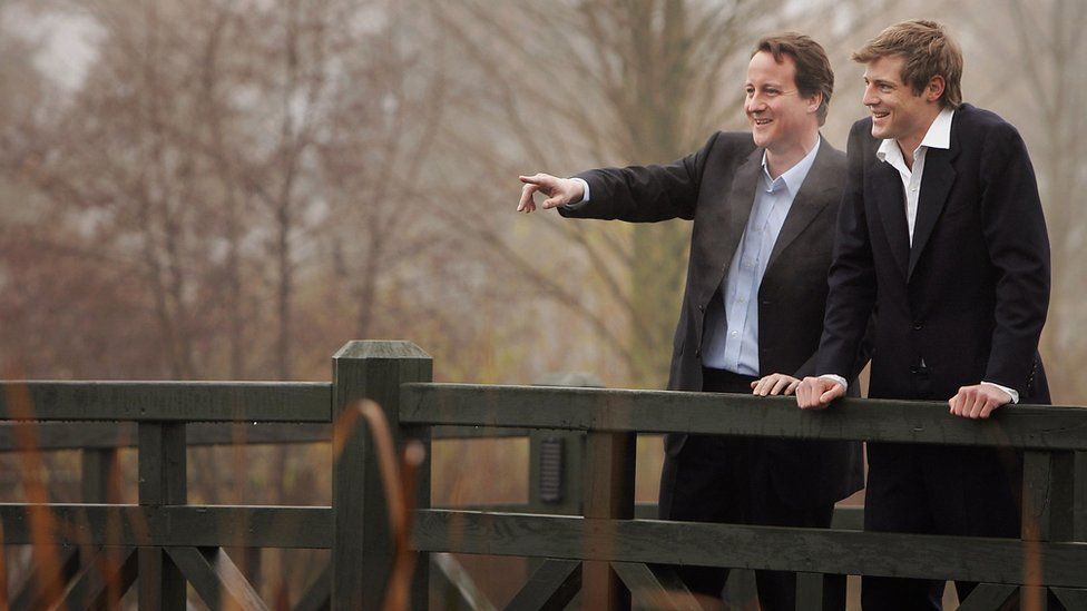 Leader of the Conservative Party David Cameron and founder ecologist magazine and Conservatives' approved candidate Zac Goldsmith look out over the London Wetland Centre on December 9, 2005 in London. Mr Cameron visited the centre to announce the setting up of a policy group on the environment.