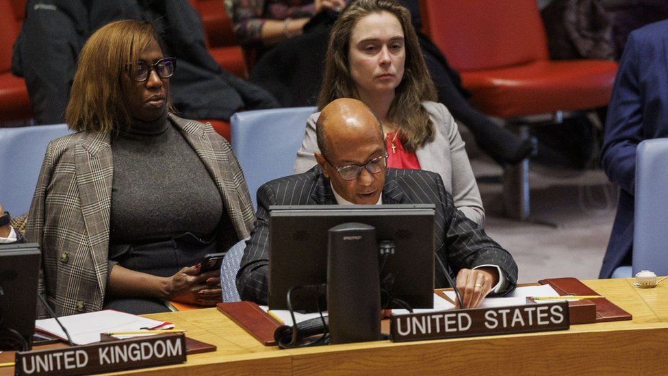 US Deputy Ambassador to the UN, Robert Wood (C) speaks during a security council meeting before they vote on a resolution regarding the conflict in the Middle East in New York, New York, USA, 19 December 2023. The resolution drafted by the United Arab Emirates calls for a ceasefire in order to deliver humanitarian aid to the Gaza Strip.