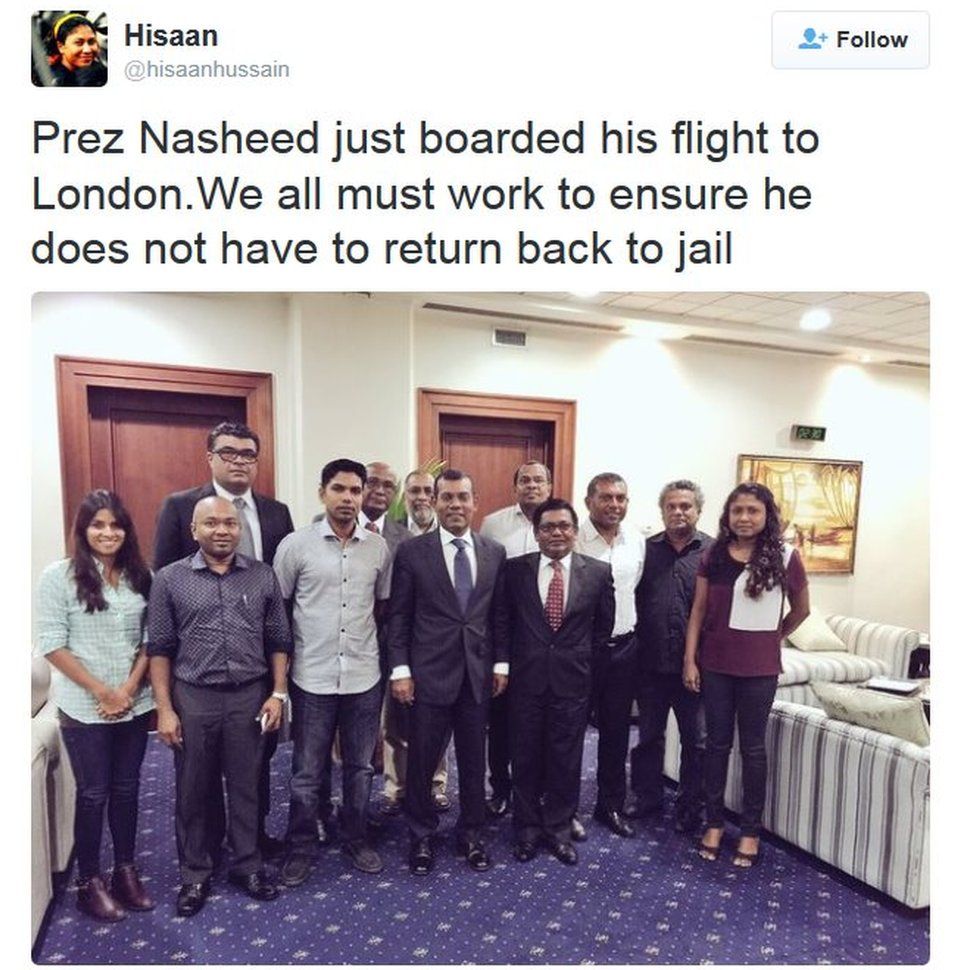 Tweet by Hisaan Hussain saying: "Prez Nasheed just boarded his flight to London. We all must work to ensure he does not have to return back to jail."