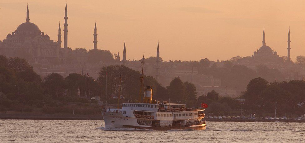 Istanbul skyline and Bosphorus ferry