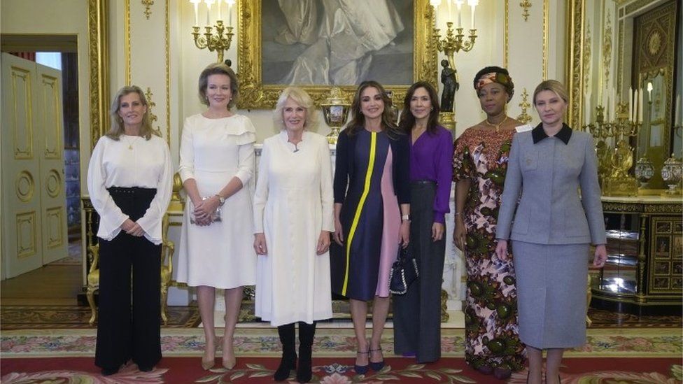 Countess of Wessex, Queen Mathilde of Belgium, Camilla, the Queen Consort, Queen Rania of Jordan, Danish Crown Princess Mary, the first lady of Sierra Leone Fatima Maada Bio, and the first lady of Ukraine Olena Zelenska during a reception at Buckingham Palace, London, to raise awareness of violence against women