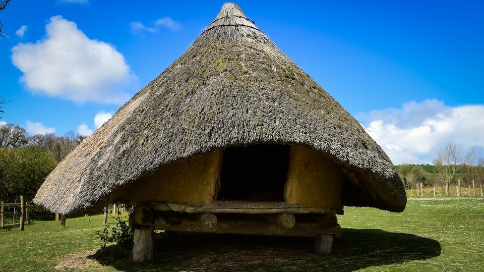 A modern recreation at Castell Henllys of a thatched home with a steeply peaked, round roof of thatch and a broad, rounded entrance with no door
