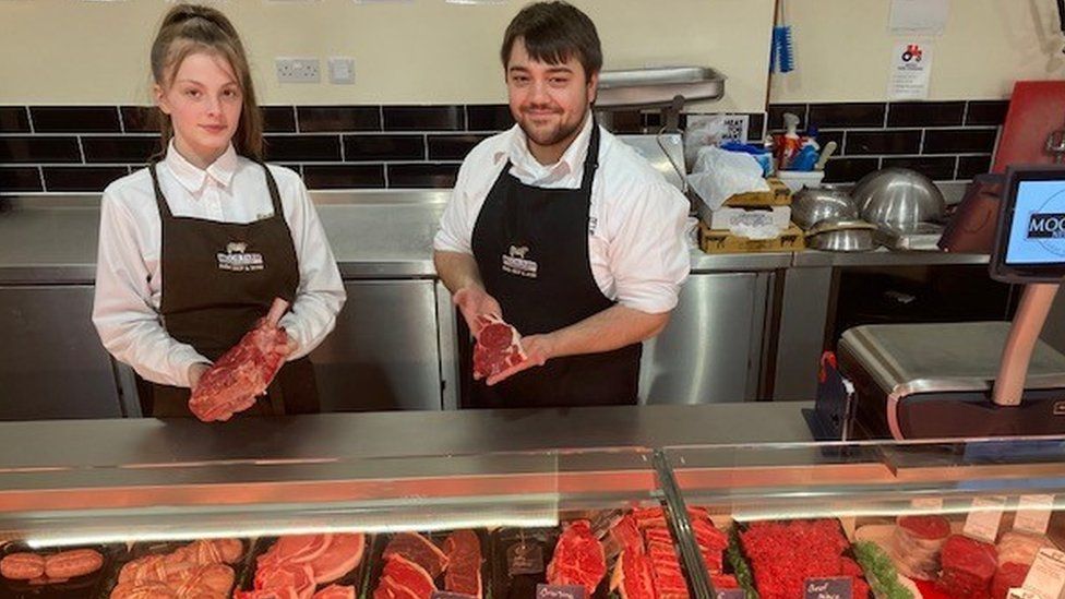 Lottie Mallia and Nathan Goodliffe at the butchery counter