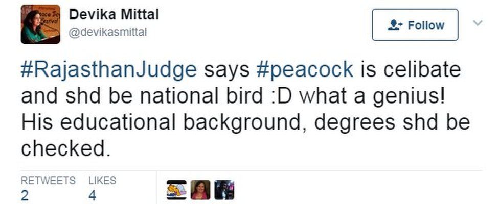 #RajasthanJudge says #peacock is celibate and shd be national bird :D what a genius! His educational background, degrees shd be checked.