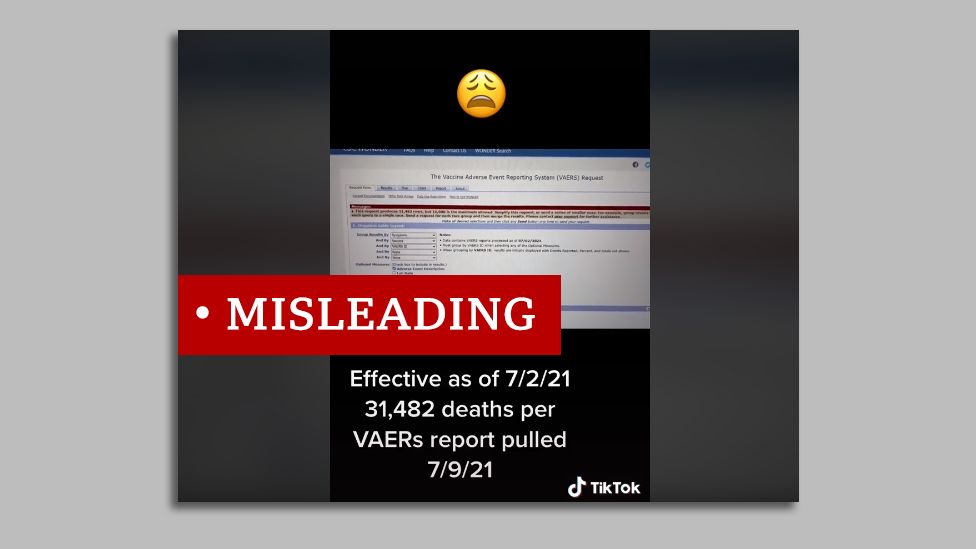 Screenshot of a tiktok video picturing the Vaers reporting system. We labelled misleading.
