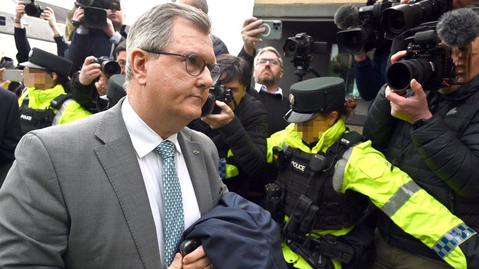Sir Jeffrey Donaldson arrives at court on Wednesday morning