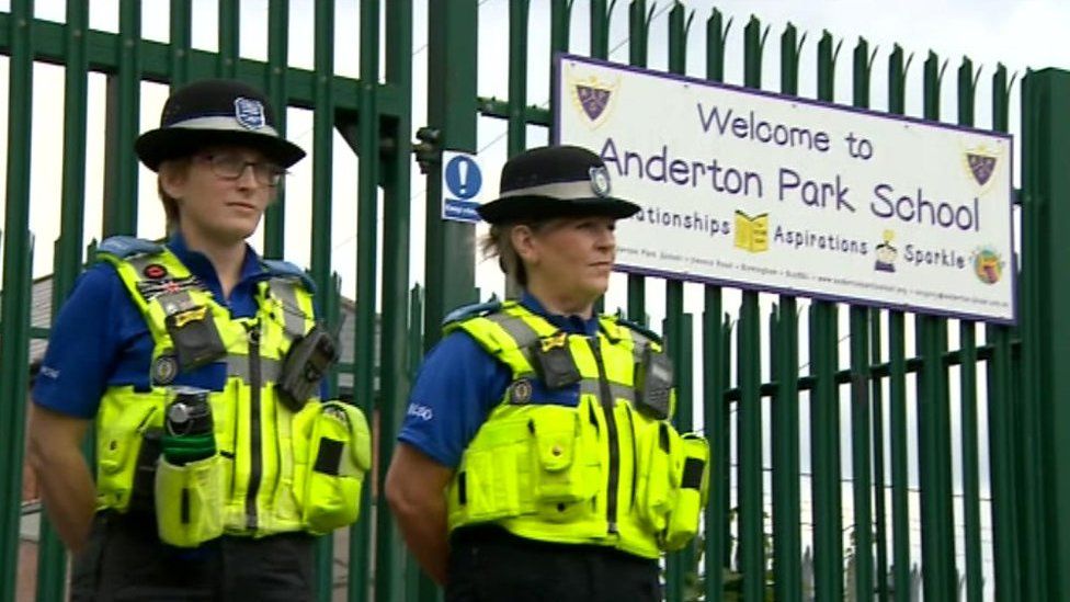 Police outside Anderton Park Primary School on Friday