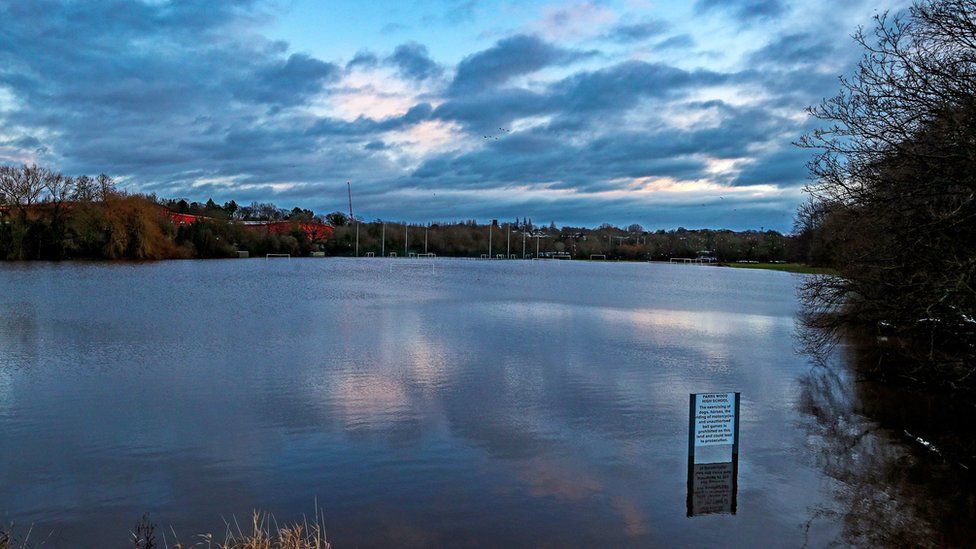 Submerged playing fields in Didsbury, Manchester