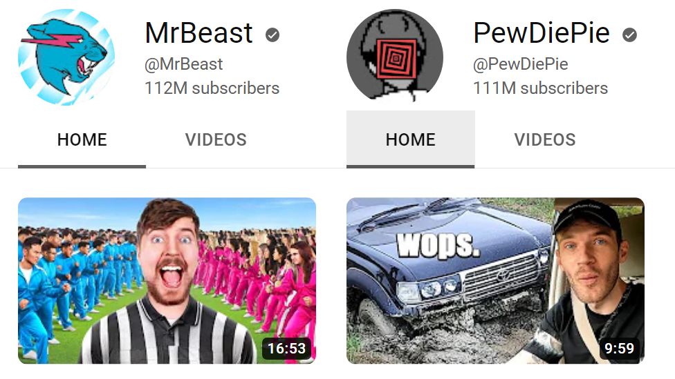 Скриншот каналов MrBeast и PewDiePie с номерами их подписчиков