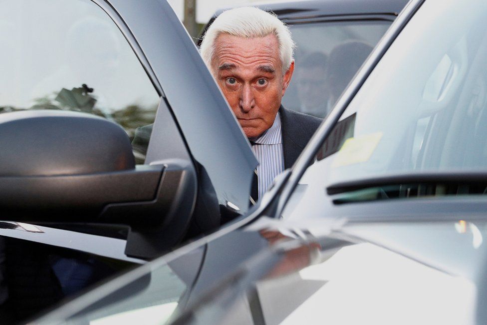 Former Trump campaign adviser Stone departs in his car following his criminal trial at U.S. District Court in Washington