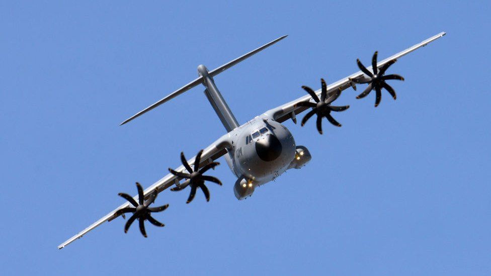 An Airbus A400 military aircraft performs a flying display on the opening day of the 52nd International Paris Air Show at Le Bourget, on June 19, 2019