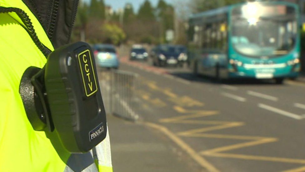 Body camera on crossing patrol outside school in Bangor, Gwynedd