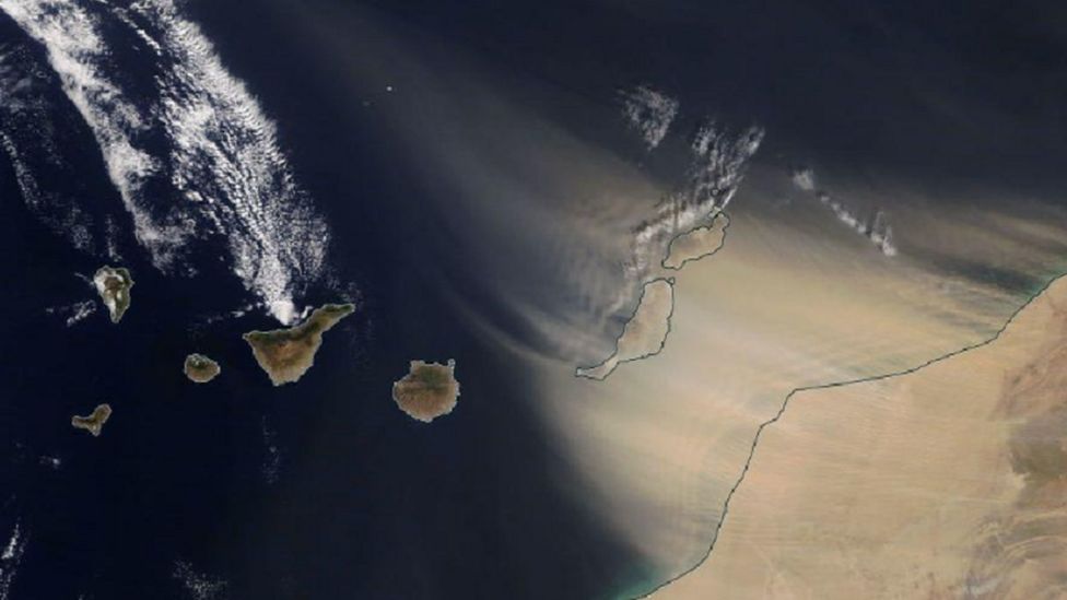 A satellite image showing dust being blown towards the Canary Islands