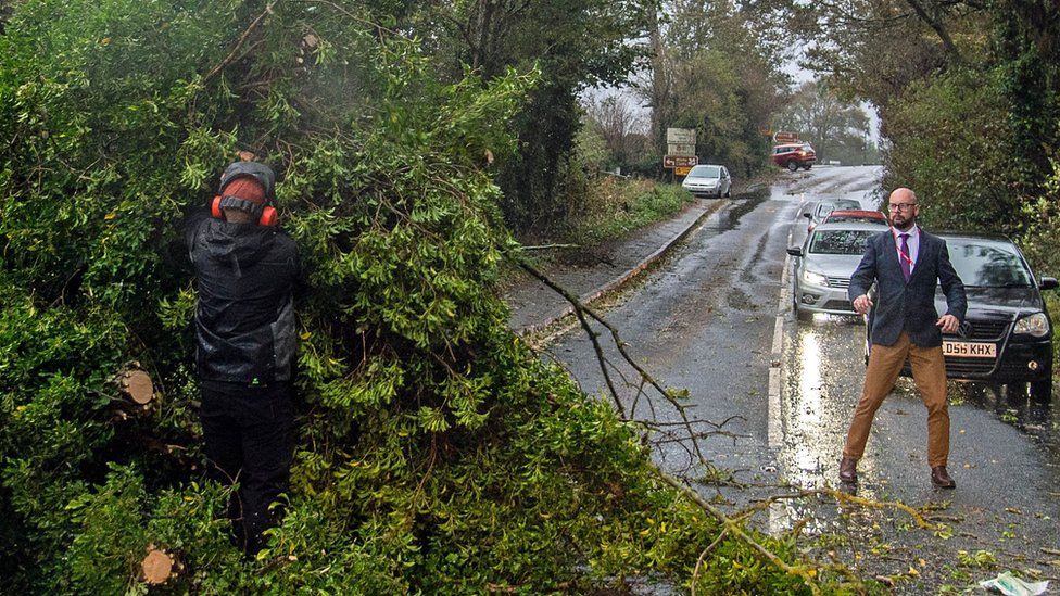 A fallen tree on the road in Dover, Kent.