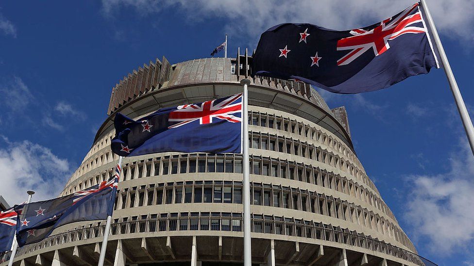 New Zealand flags fly in front of The Beehive during the Commission Opening of Parliament at Parliament on October 20, 2014 in Wellington, New Zealand.