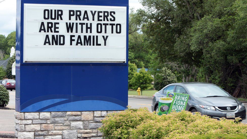 A restaurant shows its support for Otto Warmbier in Wyoming, Ohio near Cincinnati, USA, with a sign saying its prayers are with "Otto and family"