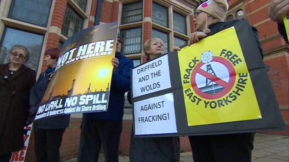 Anti-fracking campaigners protesting outside the County Hall in Beverley