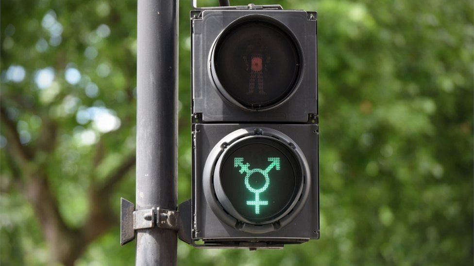 A green transgender symbol on a pedestrian crossing light in Trafalgar Square