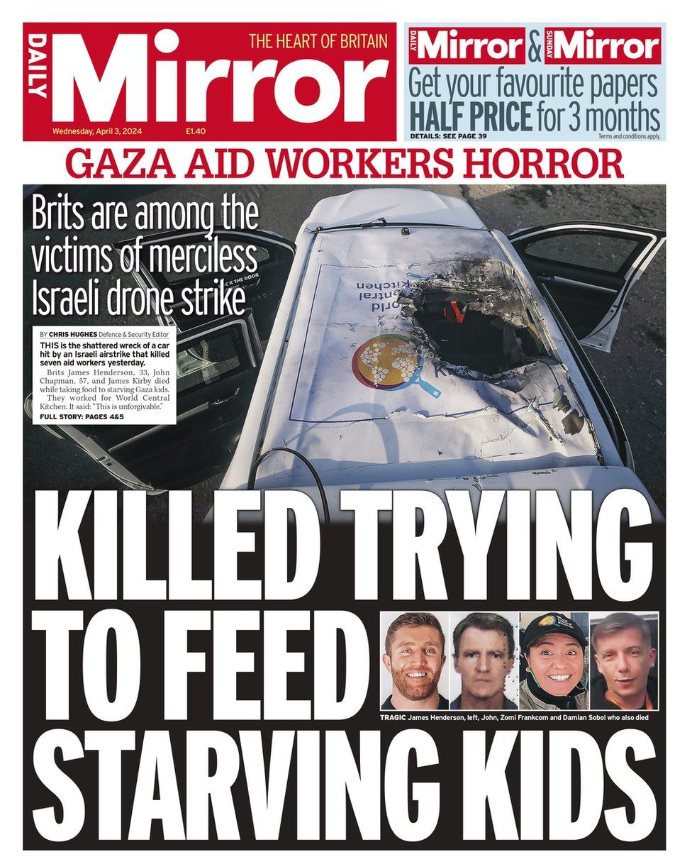 The Daily Mirror front page. The headline reads: Killed trying to feed starving kids