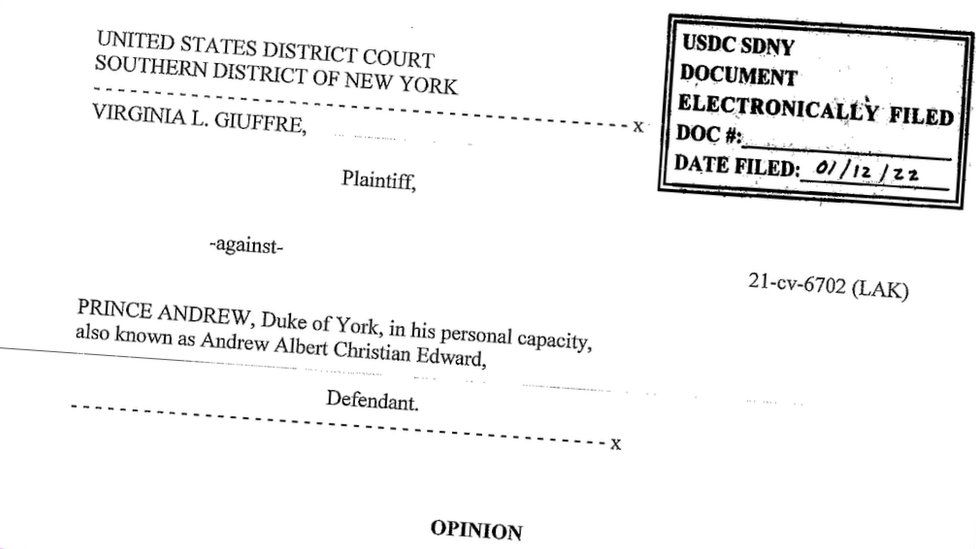 Front page of Judge Lewis Kaplan's decision in Virginia Giuffre v Prince Andrew