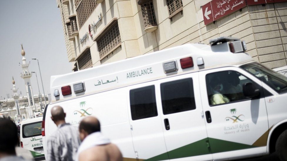 An ambulance at Mina, the scene of a Hajj pilgrimage stampede