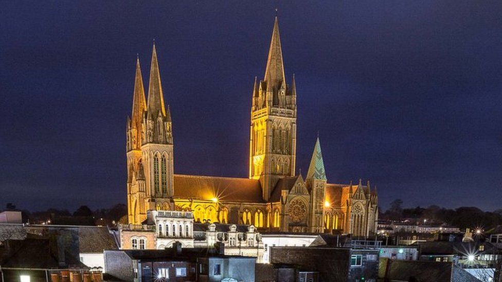 Truro Cathedral lit up at night