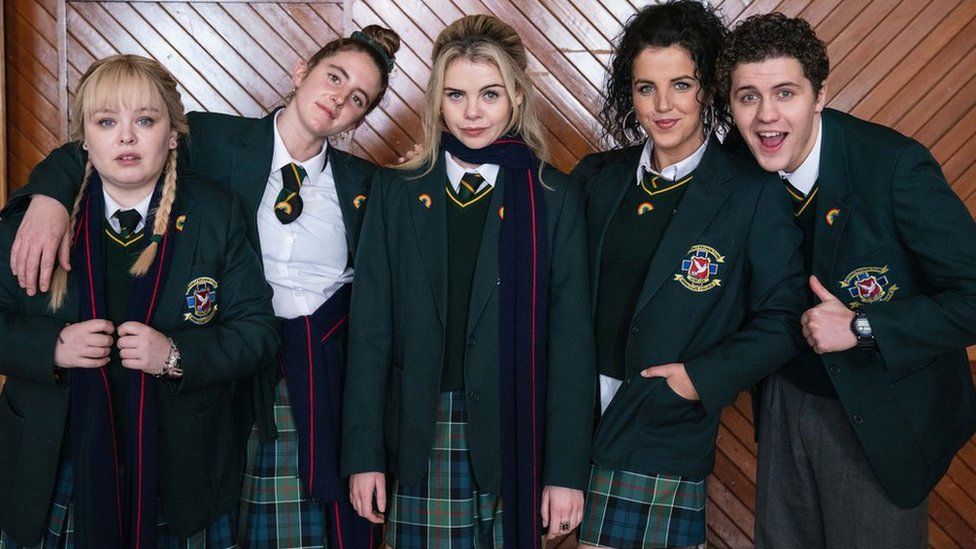 Clare Devlin (Nicola Coughlan), Orla Mccool (Louis Clare Harland) Erin Quinn (Saoirse Monica Jackson), Michelle Mallon (Jamie-Lee O'Donnell) and James Maguire (Dylan Llewellyn) in Derry Girls