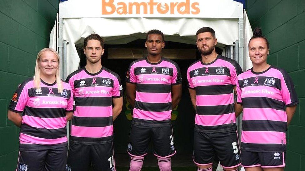 Yeovil Town Football Club players in their pink kits
