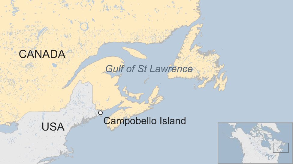 Map showing Campobello Island in relation to the US-Canada border, and the Gulf of St Lawrence