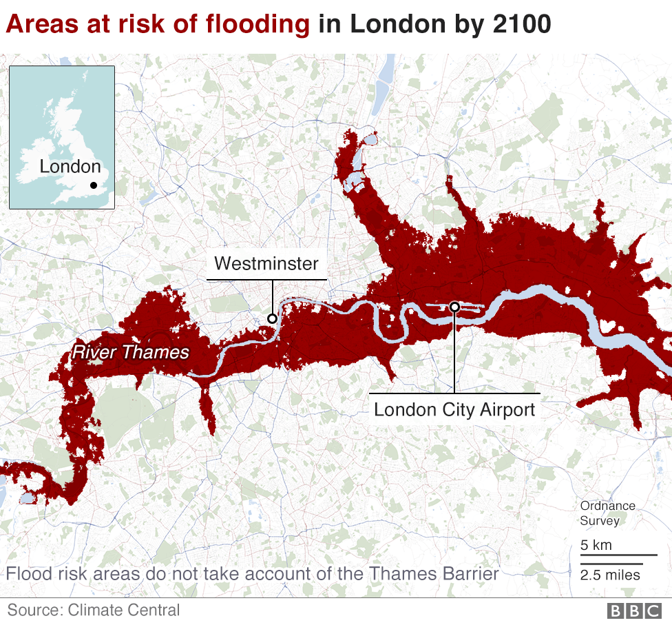 Map of London showing areas at risk of flooding in 2100