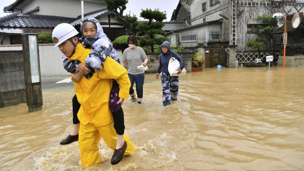 Residents are evacuated after floods in Kurashiki, Okayama prefecture, Japan