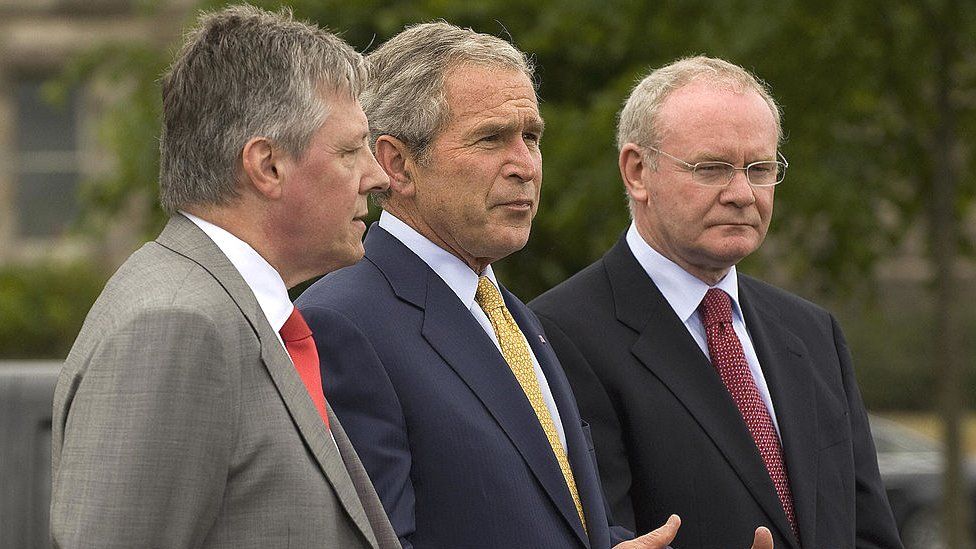 US President George W. Bush (C) makes a statement with Northern Ireland First Minister Peter Robinson (L) and Northern Ireland Deputy First Minister Martin McGuinness at Stormont Castle in Belfast, Northern Ireland, on June 16, 2008.